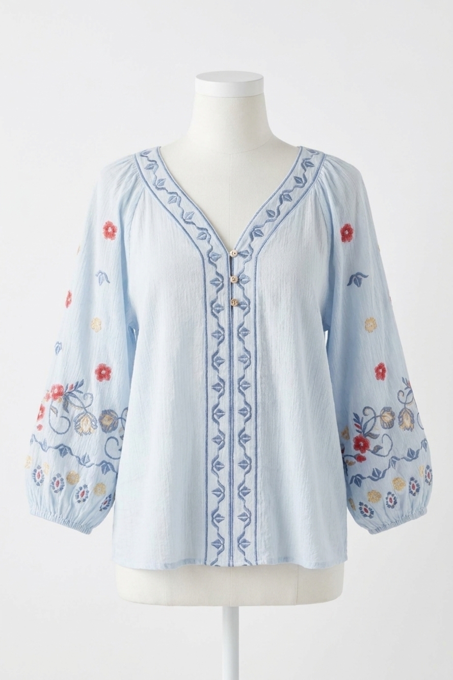 NEW PAPARAZZI gauze embroidered peasant shirt in sky